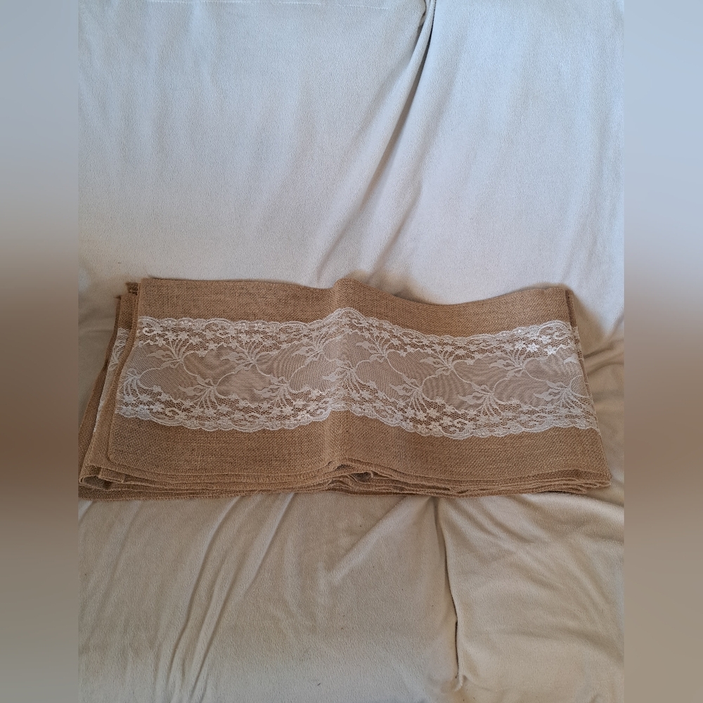 Tan Burlap Table Runner with White Lace